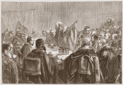 Episcopius che si rivolge ai membri del Sinodo di Dort, illustrazione da The History of Protestantism di James Aitken Wylie, pub. 1878 da English School