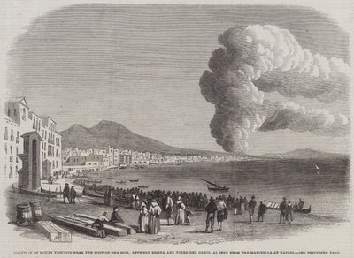 Eruzione del Vesuvio vicino al piede della collina, tra Resina e Torre del Greco, vista dalla Marinella a Napoli (incisione) da English School