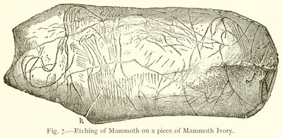 Incisione di Mammut su un pezzo di avorio di Mammut da English School