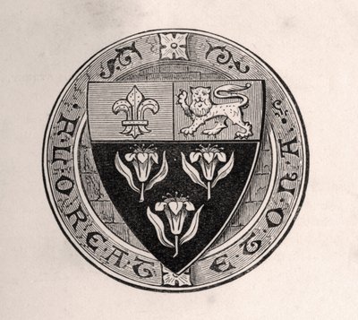 Scudo di Eton sovrapposto a un tondo con il motto della scuola, illustrazione da Memoirs of Eminent Etonians, di Sir Edward Creasy pubblicato a Londra nel 1876 da English School