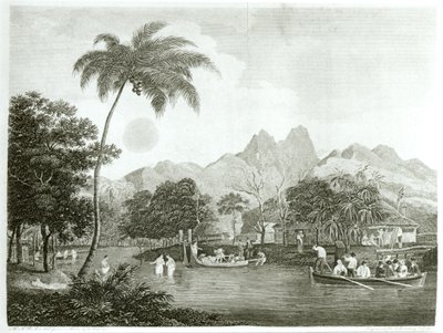 Missionari europei in un villaggio tahitiano, da Un viaggio missionario nell