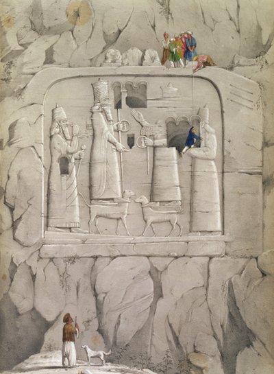 Esaminando una scultura rupestre assira, da "Scoperte nelle rovine di Ninive e Babilonia" di Austen Henry Layard da English School