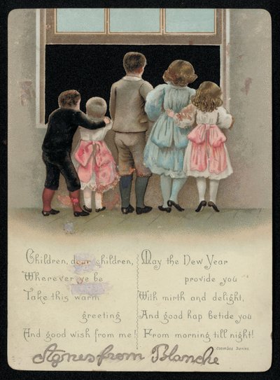 Bambini eccitati che guardano fuori dalla finestra, biglietto di auguri di Capodanno da English School