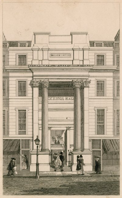 Exeter Hall, Strand, Londra; da Gentlemans Magazine; prova da English School