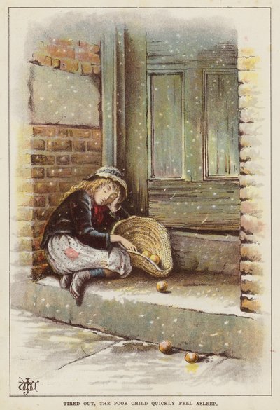 Bambino esausto addormentato su una soglia nella neve (cromolitografia) da English School