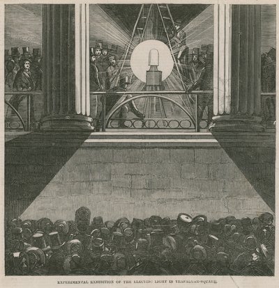 Esposizione sperimentale della luce elettrica in Trafalgar Square, Londra da English School