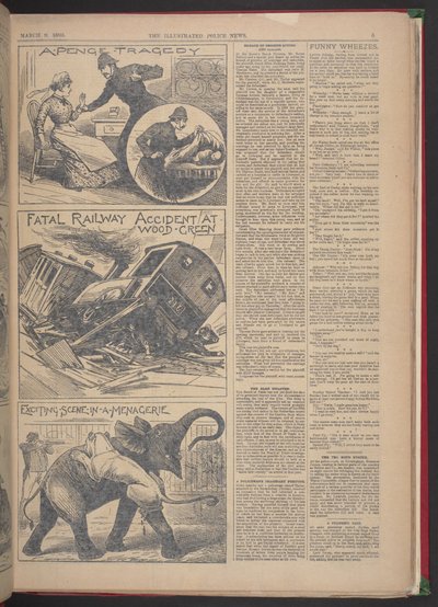 "INCIDENTE FERROVIARIO MORTALE A WOOD-GREEN". Illustrated Police News, 9 marzo 1895 (carta di giornale) da English School