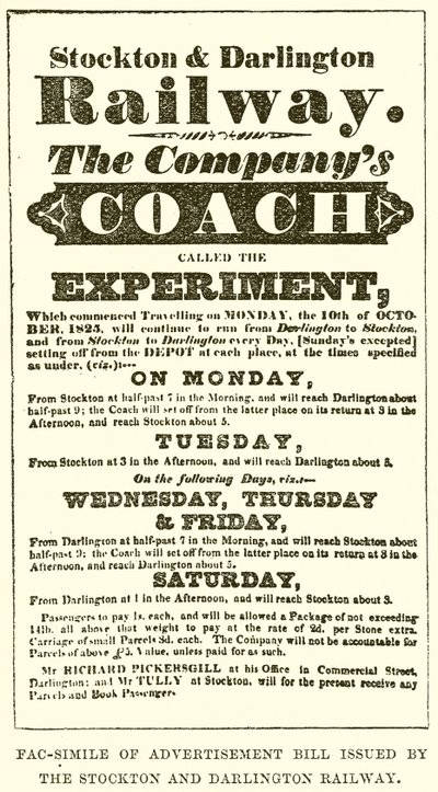 Fac-Simile del Manifesto Pubblicitario emesso dalla Stockton and Darlington Railway da English School
