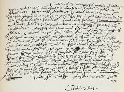 Facsimile della scrittura di Calvino, illustrazione da La storia del protestantesimo di James Aitken Wylie (1808-1890), pub. 1878 da English School