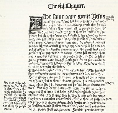 Facsimile del Vangelo di San Matteo, Capitolo XIII, versetti 1-15, dal Testamento di Tyndale, illustrazione da The History of Protestantism di James Aitken Wylie, pub. 1878 da English School