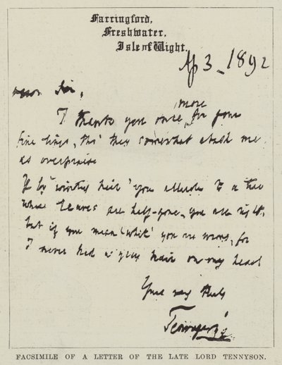 Facsimile di una lettera del defunto Lord Tennyson da English School