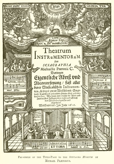 Facsimile della pagina del titolo del Syntagma Musicum di Michael Praetorius da English School