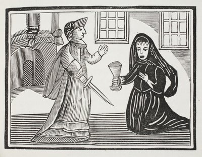 La bella Rosamond avvelenata dalla regina Eleonora, illustrazione da Chap-books del XVIII secolo di John Ashton, pub. 1882 da English School