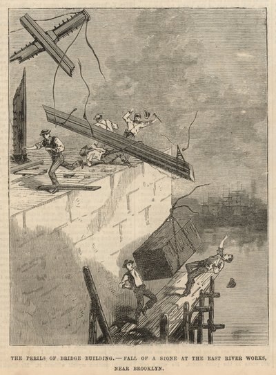 Caduta di una pietra ai lavori del fiume East vicino a Brooklyn da English School