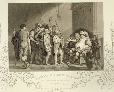 Falstaff alla giustizia Shallows, in Enrico IV (Parte 2) Atto III Scena 2, di William Shakespeare (1564-1616) da English School