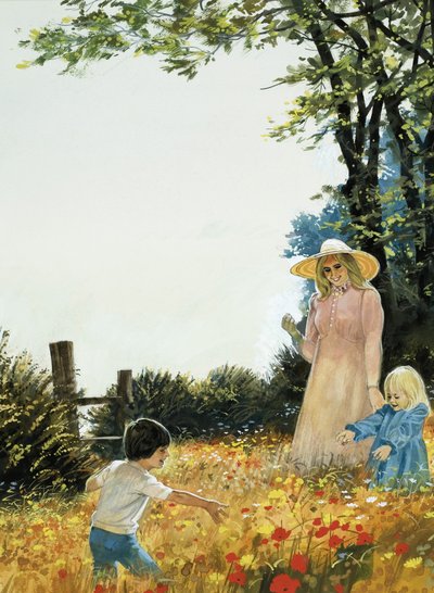Famiglia in un campo fiorito da English School