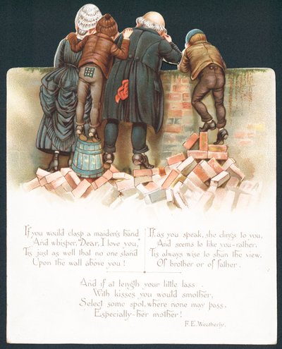 Famiglia che guarda una coppia romantica oltre il muro da English School