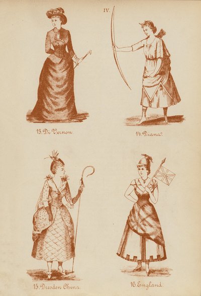 Costumi di carnevale: Di Vernon, Diana, Porcellana di Dresda, Inghilterra (litografia) da English School