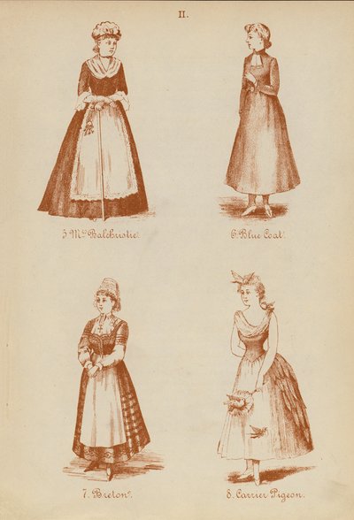 Costumi di carnevale: Mrs Balchristie, Blue Coat, Bretone, Piccione Viaggiatore (litografia) da English School