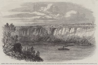 Farina, con un uomo sulla schiena, attraversa il Niagara su una fune, dal balcone della Clifton House, 29 agosto 1860 da English School