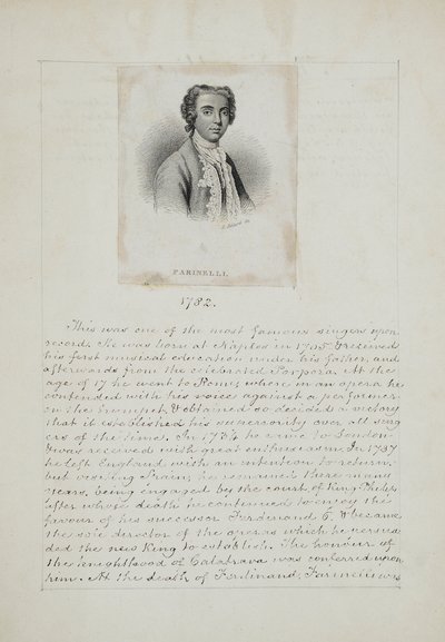 Farinelli, inciso da Henry Adlard (fl.1828-69), c.1830 (incisione e penna e inchiostro su carta) da English School
