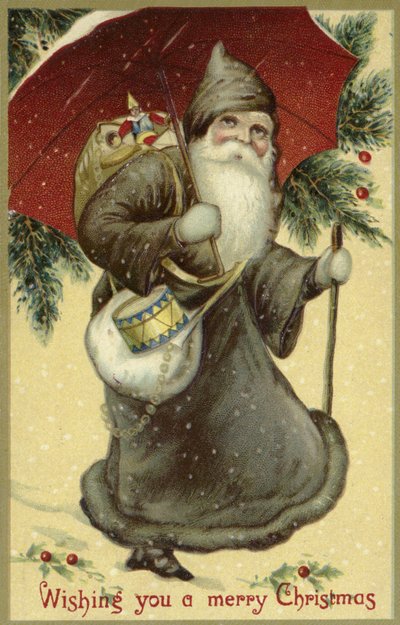 Babbo Natale in un cappotto di pelliccia, che porta regali da English School