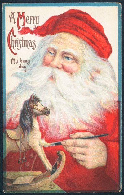 Babbo Natale che dipinge un cavallo a dondolo, biglietto di Natale da English School
