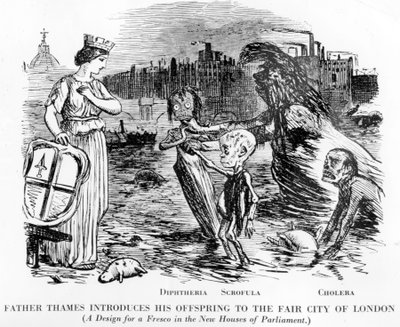 Padre Tamigi presenta la sua prole alla bella città di Londra, la prole è difterite, scrofola e colera. Più una fogna a cielo aperto che un fiume, lo stato disgustoso del Tamigi a Londra da English School