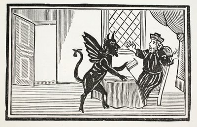 Faustus avvertito dallo Spirito di aspettarsi la sua fine, illustrazione da Chap-books of the Eighteenth Century di John Ashton, pub. 1882 da English School