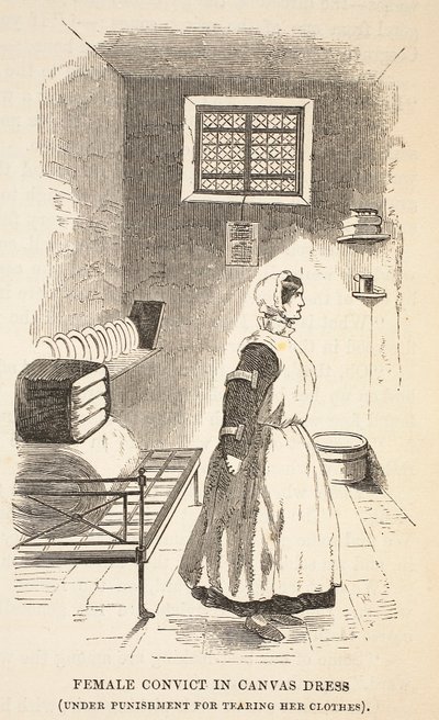Detenuta in abito di tela (sotto punizione per aver strappato i suoi vestiti), illustrazione da Le Prigioni Criminali di Londra e Scene dalla Vita Carceraria di Henry Mayhew e John Binny, pub. 1862 da English School