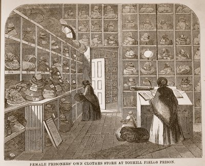 Negozio di vestiti per prigioniere alla prigione di Tothill Fields, illustrazione da Le Prigioni Criminali di Londra e Scene dalla Vita Carceraria di Henry Mayhew e John Binny, pub. 1862 da English School