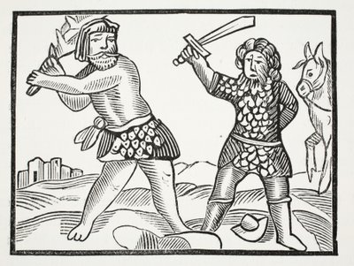 Ferragus solleva un potente esercito e assedia la città di Acquitain, illustrazione da Chap-books of the Eighteenth Century di John Ashton, pub. 1882 da English School