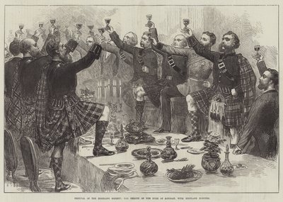Festival della Società delle Highlands, il brindisi al Duca di Rothsay, con onori delle Highlands (incisione) da English School