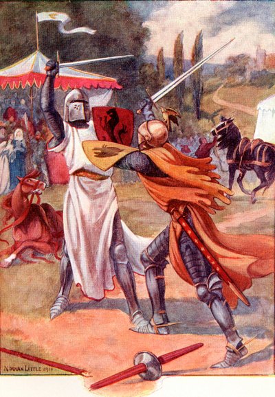 Cavalieri combattenti in armatura. Illustrazione colorata dal libro The Gateway to Tennyson pubblicato nel 1910 da English School