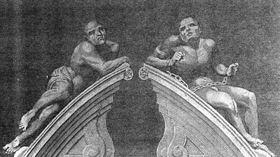 Figure sopra il portale del Bethlehem Hospital, inciso da A. Birrell per Lamberts History of London, 1805 da English School