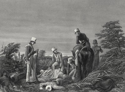 Ritrovamento dei colori del 24° Reggimento dopo la battaglia di Chillianwallah, c.1850 (incisione) da English School