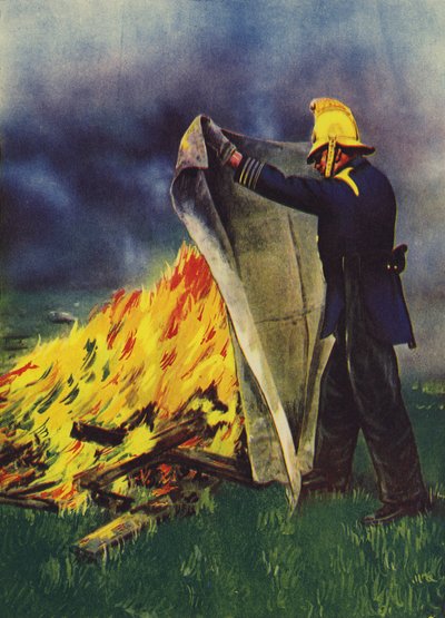 Vigile del fuoco che sperimenta una coperta ignifuga in amianto da English School