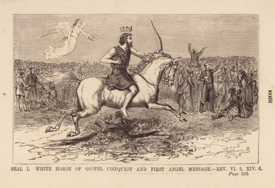 Primo sigillo, cavallo bianco della conquista del Vangelo e messaggio del primo angelo (incisione) da English School
