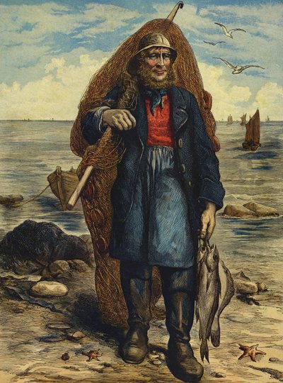 Pescatore che porta le sue reti e tiene il suo pescato da English School