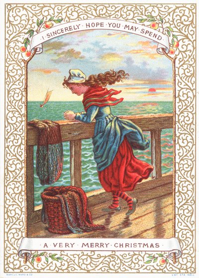 Pescatrice che guarda il mare, cartolina di Natale da English School