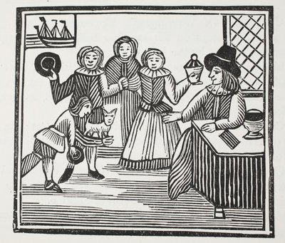 Fitzwarren riceve le avventure dei suoi servitori, illustrazione da Chap-books del XVIII secolo di John Ashton, pub. 1882 da English School