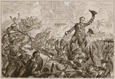La difesa del ridotto di Tanjore da parte di Fletcher, illustrazione da Cassells Illustrated History of India di James Grant, pub. 1879 da English School
