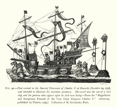 Carro funebre portato nel corteo funebre di Carlo V a Bruxelles, 29 dicembre 1558, destinato a illustrare la sua grandezza marittima da English School