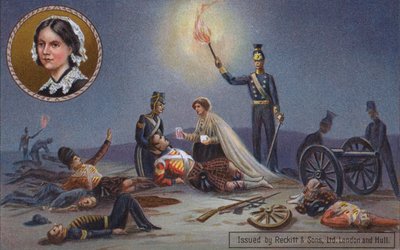 Florence Nightingale che cura soldati britannici feriti sul campo di battaglia, Guerra di Crimea da English School