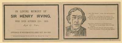 Cartolina pieghevole che segnala la morte di Sir Henry Irving, attore, deceduto il 13 ottobre 1905 da English School