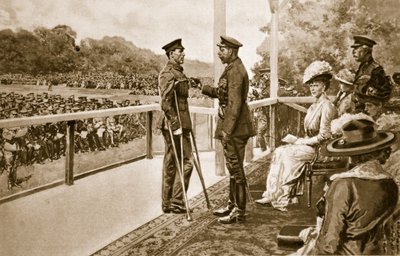 Per Valore: Re Giorgio che decora il soldato Thomas Hughes, dei Connaught Rangers, con la V.C., a Hyde Park, 2 giugno 1917, 1914-19 da English School