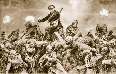Per la gloria del Raj: Truppe indiane che caricano le trincee tedesche a Neuve Chapelle, marzo 1915, 1914-19 da English School