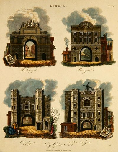 Quattro Porte della Città: Bishopsgate, Moorgate, Cripplegate e Newgate, incise da J. Pass, pub. da G. Jones da English School