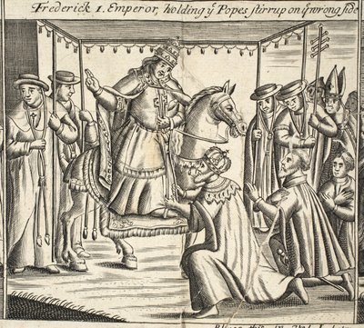 Federico I, imperatore, che tiene la staffa del Papa dal lato sbagliato, illustrazione da Atti e Monumenti di John Foxe, nona edizione, pub. 1684 da English School
