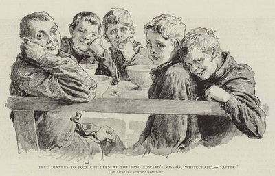 Cene gratuite per bambini poveri alla missione di Re Edoardo, Whitechapel, "dopo" (incisione) da English School
